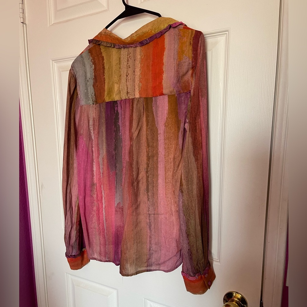 Bl^ank London silk watercolor button down ruffle edge blouse pink orange small